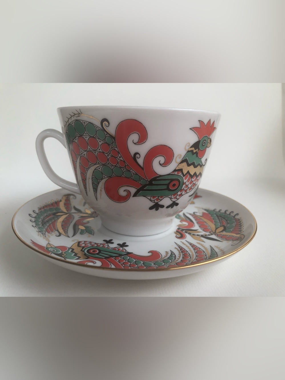 Vintage Lomonosov Imperial Porcelain Cup & Saucer Set “Two Rosters”(USSR/RUSSIA)
